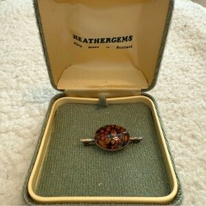 Elegant Red, Yellow & Green Tortoise Shell Style Stone Silver-Toned Brooch
